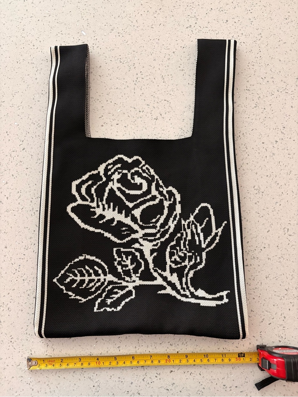 Black & White Rose Knit Tote Bag